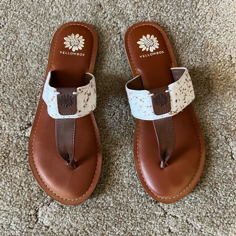 Yellow Box Leather Brown and Cream Sandals